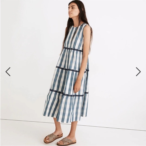 MADEWELL Rickrack Cattail Tiered Dress Sz L Blue White Gingham Check Cotton NWT - Picture 3 of 8